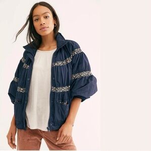NWT Free People Navy Bomber Jacket with Patterned Stripes
